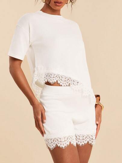 Travachic Boho Chic White Elegant Summmer Brunch Vacation Outfits For Women,Floral Lace Knit Vest & Shorts Set,Old Money Style Beach Holiday Festival Outfit