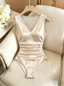 Franclia Women Elegant Sexy White Sleeveless Shimmering Satin Bodysuit, Summer Seductive Slim Fit Knitted Top For Night Out Golf, Parties, Vacation Formal - Apricot - View 8