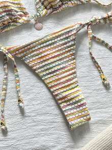Swim Mod Women's Jacquard Fabric Halter Neck Metal Decor Sexy Bikini Set, Summer Elegant - Multicolor - View 5
