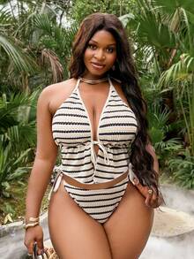 Slaydiva 2026 Hot Selling Plus Size Women 2 Pieces Solid White Fashionable Casual Vacation Daily Wear Halter Tie-Front Bikini Swimwear Set Beach Summer - Baby Pink - View 5