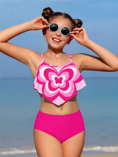 بدلة سباحة تانكيني للمراهقات، تصميم فراشة مع أشرطة قابلة للتعديل وطبقات، قطعتان، قماش مريح وصديق للبشرة، مناسب للحدائق المائية والعطلات الشاطئية