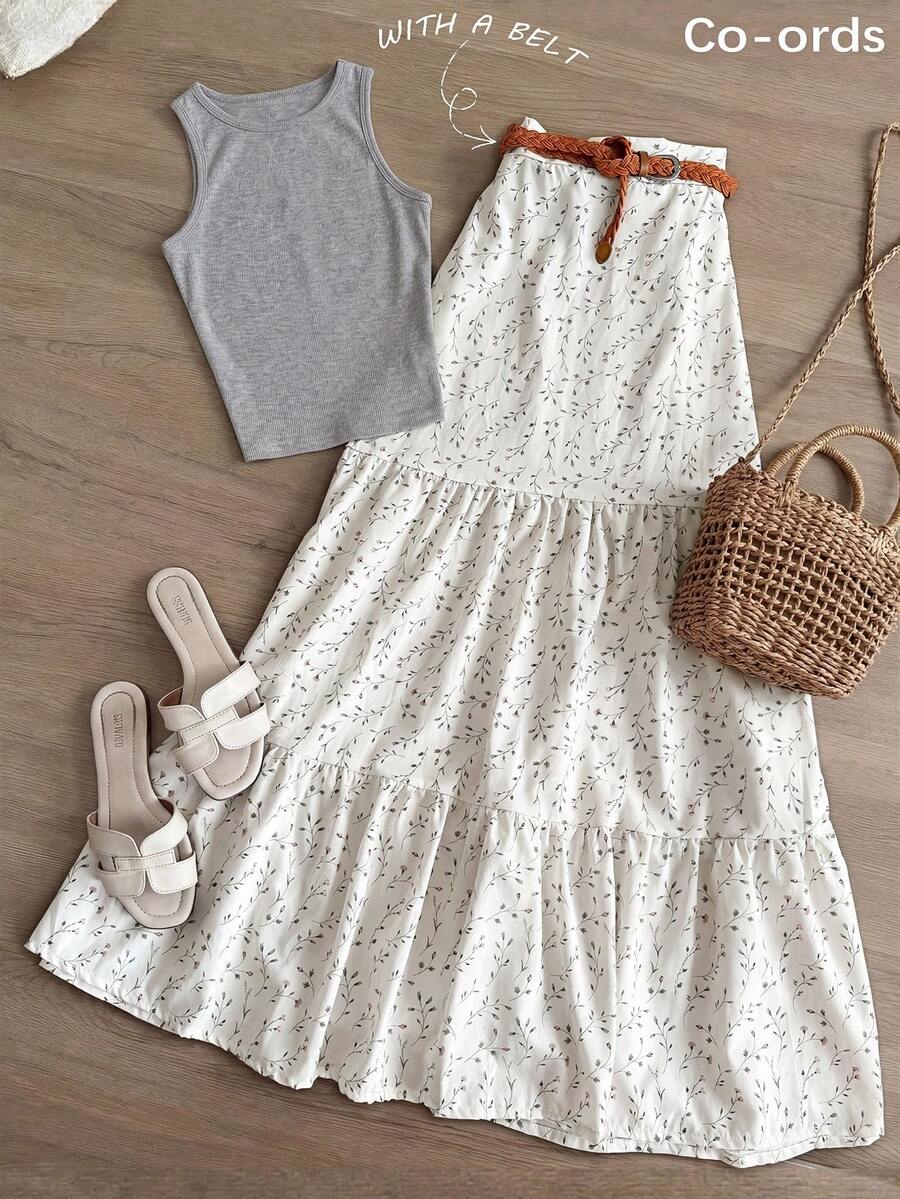 Franclia Bộ đồ 2 món phong cách thường ngày cho kỳ nghỉ: Áo tank top màu trơn và chân váy họa tiết hoa. - Màu Xám nhạt - Xem 1