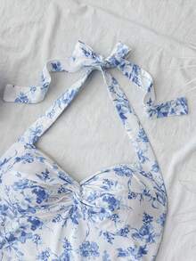 SHEIN 少女夏季休闲度假蓝白碎花层叠荷叶边吊带连衣裙 - 藍白色 - 查看 4