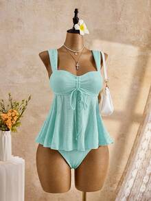 Bellisia Women's Teal Summer Tropical Beach Holiday Vacation Bikini Set,Elegant Vintage Jacquard Embroidery Camisole & Pleated Shorts Swimwear,Boho Y2K Style - Mint Blue - View 7