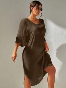 Swim Vcay Women's Solid Color V-Neck Sleeveless Cover-Up Dress For Vacation - Brown - View 5