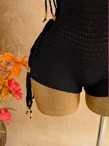 Soleia New V-Neck Side Hollow Tie-Up Pearl Splice Backless Knitted Romper, Suitable For Beach, Cruise, And Resort - Black - View 6