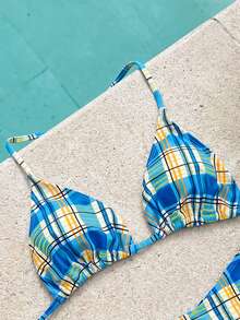 Swim Mod Bộ đồ đi biển 2 món dành cho nữ, thời trang dễ thương, gợi cảm, thích hợp cho kỳ nghỉ bên bờ biển, hồ bơi, tiệc tùng, họa tiết hoa, kẻ caro, sọc ngẫu nhiên, áo crop top hở lưng buộc dây và quần bikini, thích hợp cho mùa xuân/hè. - Nhiều màu - Xem 4