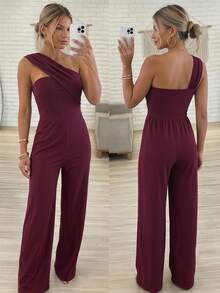 Bộ jumpsuit dệt kim trễ vai kiểu Pháp thanh lịch dành cho nữ tuổi teen, phù hợp cho các bữa tiệc và dịp trang trọng, váy ngắn. - Màu Đỏ Sâu - Xem 2