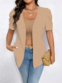 SHEIN Elenzya Áo khoác blazer nữ cỡ lớn, màu trơn, kiểu dáng tối giản, nhẹ nhàng. - Màu Khaki - Xem 4