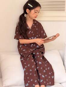 DAZY Bộ đồ mặc nhà cổ ve áo họa tiết hoa nhí dành cho bé gái tuổi teen - màu nâu - Xem 1