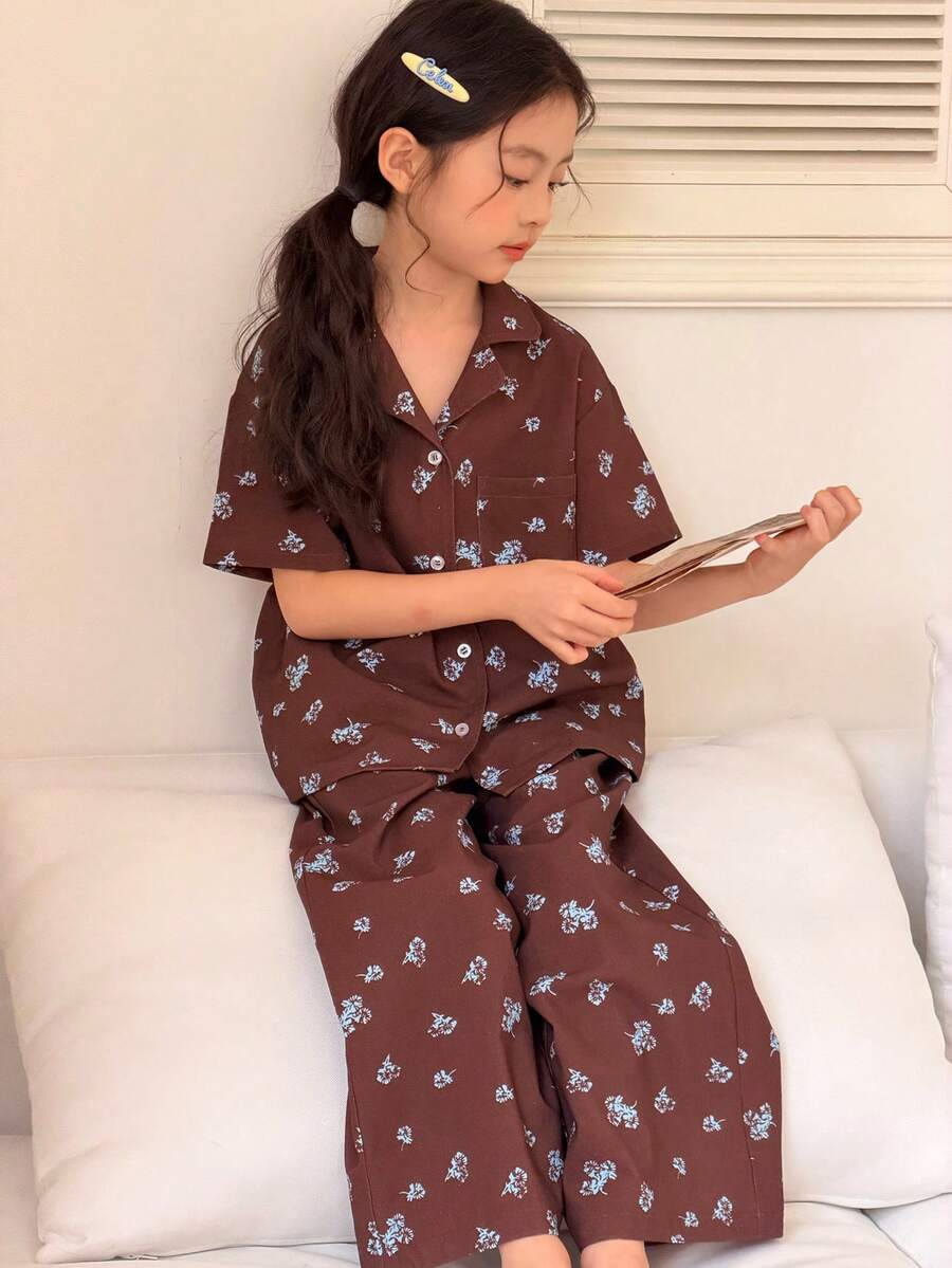 DAZY Bộ đồ mặc nhà cổ ve áo họa tiết hoa nhí dành cho bé gái tuổi teen - màu nâu - Xem 1