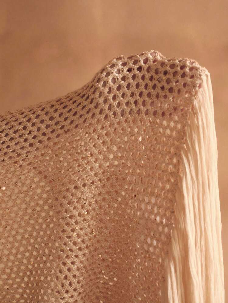 ELEGANT FASHION CHIC HALTER BEADED MESH TEXTURED PATCHWORK HANDMADE TASSEL RELAXED BOHEMIAN KHAKI WOMEN BEACH COVER UP DRESS, SUMMER
