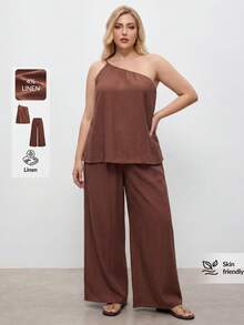 Maija Plus Size Brown Summer Casual Business Vacation Linen 2 Piece Set For Women, Sleeveless One Shoulder Top And Wide Leg Pants Outfits Gym - Rust Brown - View 1