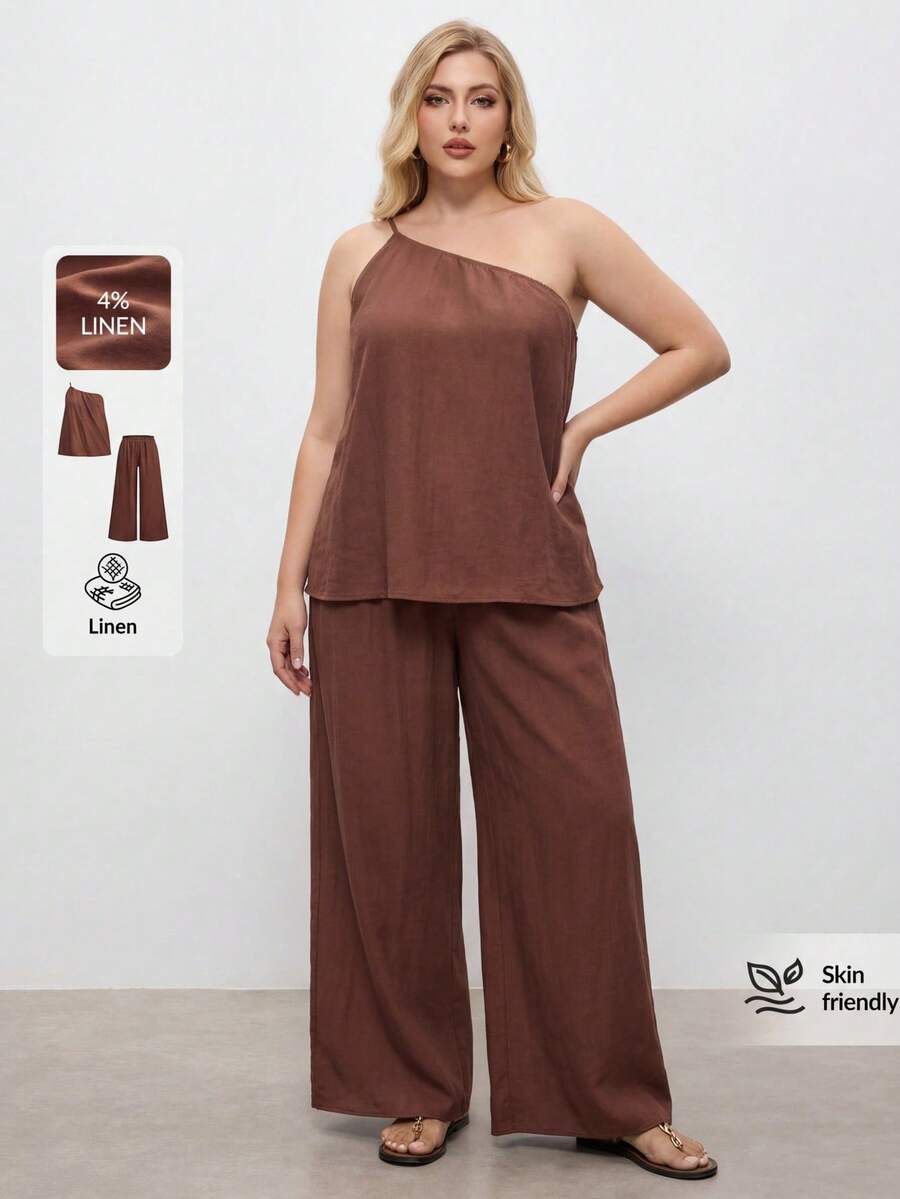Maija Plus Size Brown Summer Casual Business Vacation Linen 2 Piece Set For Women, Sleeveless One Shoulder Top And Wide Leg Pants Outfits Gym - Rust Brown - View 1