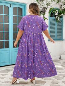 SHEIN CURVE+ Curve 尺码 US22 音乐节、海滨度假、波西米亚风随机印花休闲假日风格数码印花宽松短袖连衣裙 - 紫色 - 查看 2