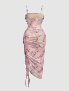 SHEIN MOD Plus Size Women's Elegant Blush Pink Butterfly Print Ruched Ruffle Hem Asymmetrical Dress,Summer Holiday Vacation,Formal Cocktail Party Prom Dress - Multicolor - View 2