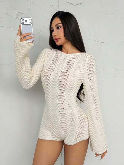 SHEIN PETITE Trang phục dự tiệc cưới kiểu miền Tây thường ngày, phù hợp cho kỳ nghỉ, lễ tốt nghiệp, lễ hội âm nhạc Phục Sinh, bộ jumpsuit dệt kim hở lưng tay loe kiểu bohemian thanh lịch, chất liệu nhiệt đới, thích hợp cho nữ mùa thu đông, lễ hội Carnival.