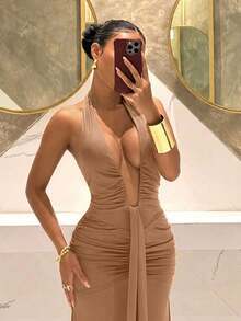 Slaydiva 2025新款优雅深V领美人鱼连衣裙，适合派对、生日、酒吧、夜店、情人节、万圣节、圣诞节等场合 - 棕色 - 彩色 - 查看 4