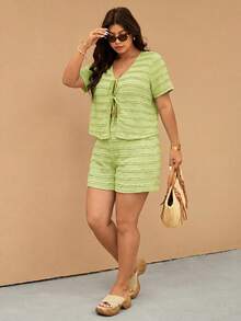 Elaquor Plus Size Summer Vacation Solid Color Textured Front Tie Short Sleeve Top And Shorts 2 Pieces Set - Green - View 1