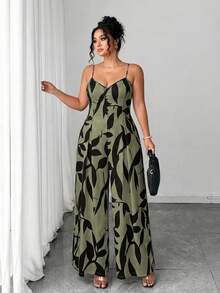 Elenzga Bộ jumpsuit nữ cỡ lớn thanh lịch in hoa, dây đeo có thể điều chỉnh, eo thắt, thích hợp cho đầu mùa xuân. - Màu xanh lá cây đậm - Xem 5