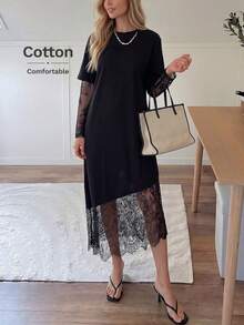 Easowa Đầm ren cổ tròn tay ngắn màu trơn, dáng rộng, thoải mái, thích hợp cho các buổi đi chơi và đi làm, trang phục sân bay, đầm dành cho phụ nữ trung niên, đầm dự tiệc, đầm đồng phục giáo viên, đầm thanh lịch cho phụ nữ - màu đen - Xem 4