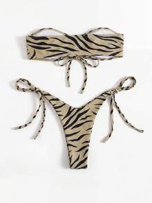 SHEIN Swim 女士夏季沙滩斑马纹性感抹胸比基尼套装，随机印花 - 卡其色 - 查看 3