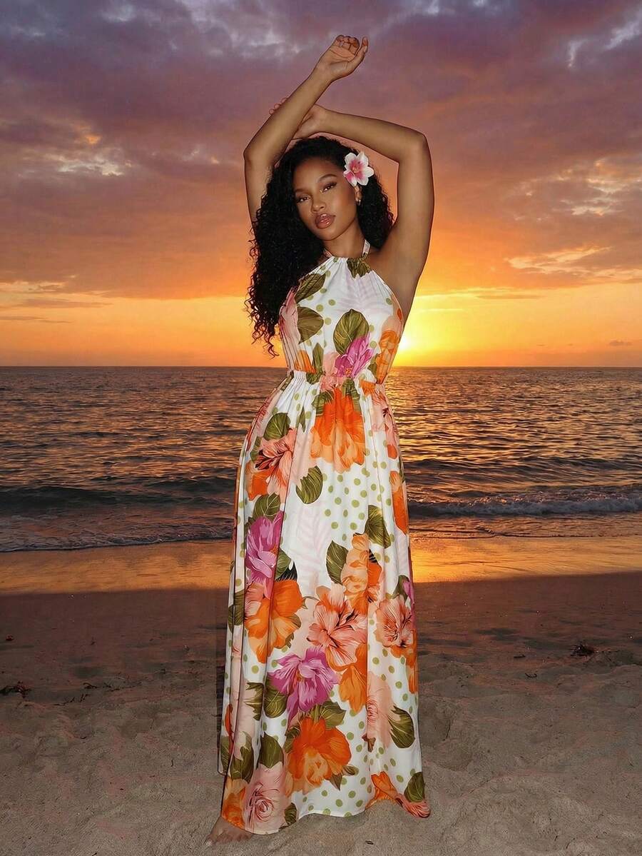 VaVaBold New Model Women Summer Sexy Camisole High Waisted Dress Maxi Dress Dress For Women Halter Neck Dress Polka Dot Dress Floral Print Dress Summer Dresses For Women Outfit Sundress For Women Classy - White - View 1