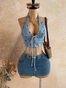 Soleia Women's Casual Cherry Print Halter Neck Backless Top, Versatile For Daily Wear - Multicolor - View 1