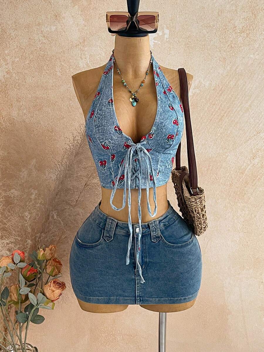 Soleia Women's Casual Cherry Print Halter Neck Backless Top, Versatile For Daily Wear - Multicolor - View 1