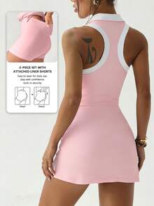 CourtClass Women's Spring/Summer Golf Polo Shirt, Contrast Color Collar, Side Contrast Panels, Racerback, Tight Shorts With Pockets, Women's Sports Dress Suitable For Casual, Running, Yoga, Gym, Tennis, Golf - Pink - View 2