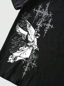 ROMWE MEN Men's Angel Print Short Sleeve Casual Commuter Polo Shirt - Black - View 4