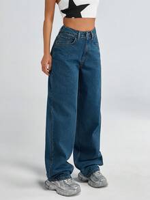 EURMUSE Damen Jeans mit hoher Taille, Taschen, gerade, locker, vielseitig - Mittele Waschung - Übersicht 4