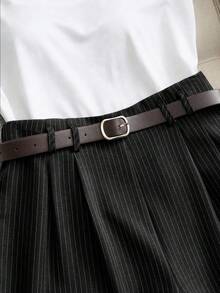 Franclia Versatile Casual Elegant Commuting Waist Belt Decor Gray Vertical Striped Shorts, Wide Leg Pants, Bermuda Pants, Autumn/Winter Stripe Shorts Elegant Shorts Shorts For Women Belted Shorts High Waist Shorts Casual Shorts Pleated Shorts - Black - View 6