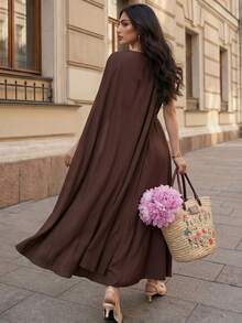 Elenzga Fashionable Elegant Round Neck Tie-Waist Fitted Women Dress - Brown - View 2