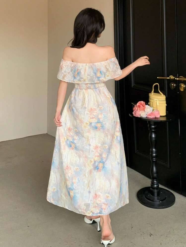 Elegant Casual Embroidered Off-Shoulder Long Dress For Women, Spring & Summer Vacation Outfits Women