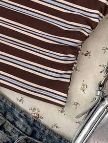 Attitoon Áo croptop nữ kiểu dáng thường ngày, xếp ly bất đối xứng, họa tiết sọc retro kiểu Mỹ, áo kiểu nữ thường ngày, trang phục phong cách Y2K cho nữ. - Nhiều màu - Xem 4
