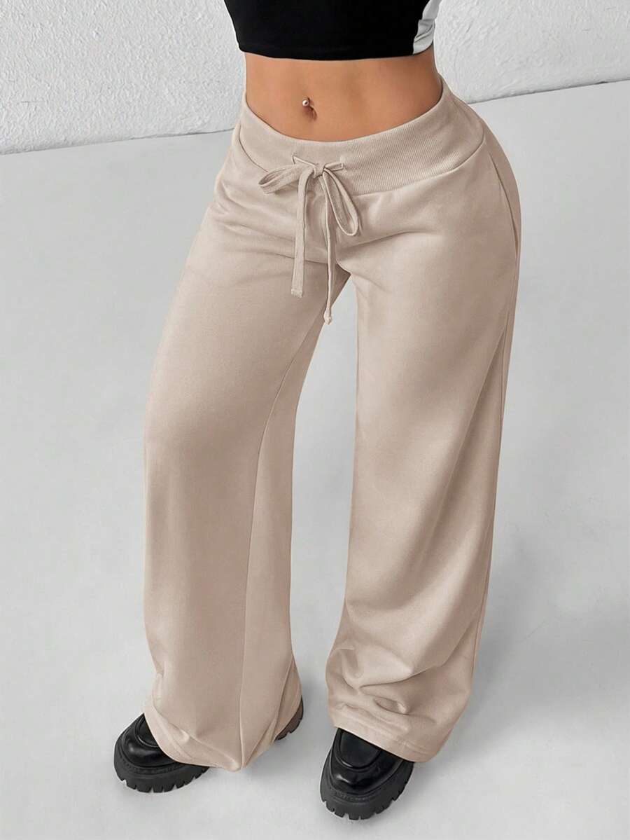SHEIN PETITE Comfortable And Casual Plain Knitted Low-Rise Wide-Leg Women's Sweatpants - Camel - View 1