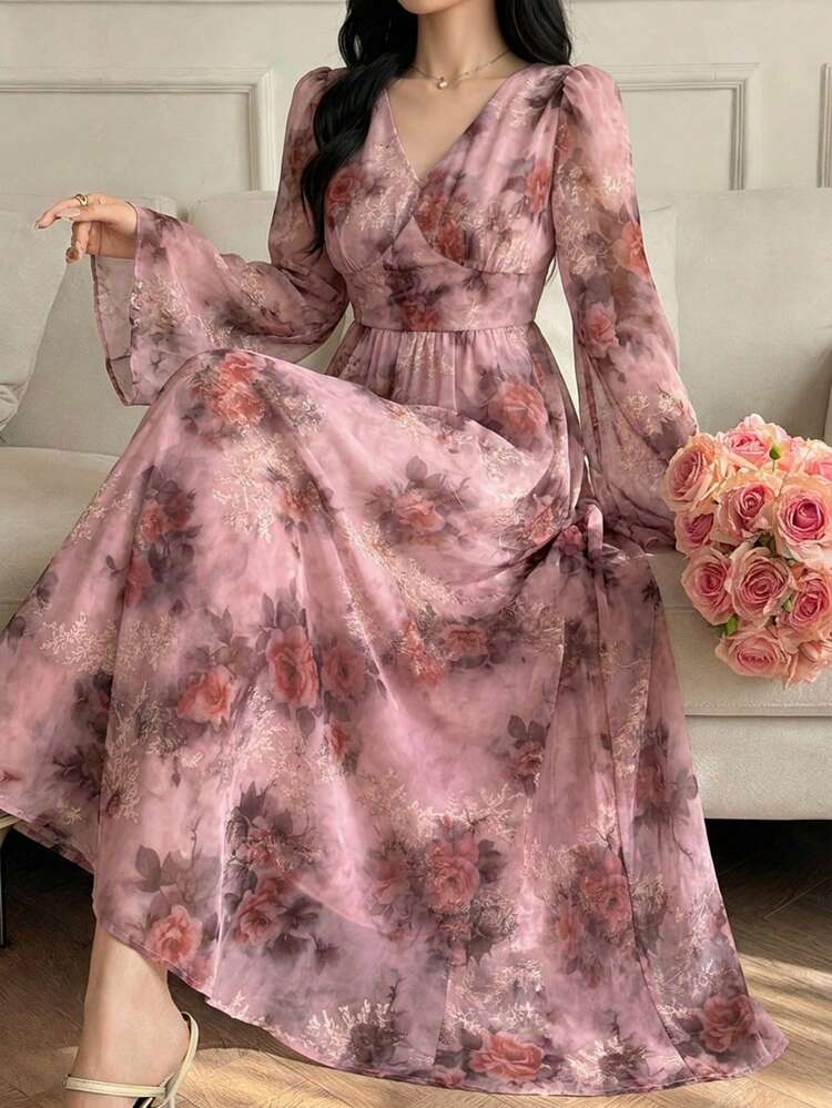 Spring/Summer Floral Print Dress, Elegant Fit For Wedding, Party, Formal Occasion, Commute Maxi Dress Sundress Boho Vacation Outfits Women