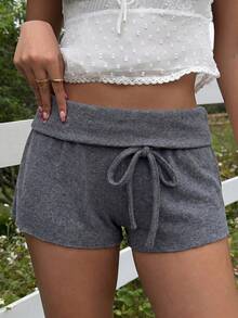SHEIN EZwear 女士休闲纯色低腰迷你短裤，深灰色 - 深灰色 - 查看 5