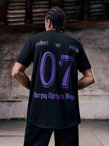 Skyrend Men Angel Letter Print Round Neck Short Sleeve Casual T-Shirtemo - Purple - View 2