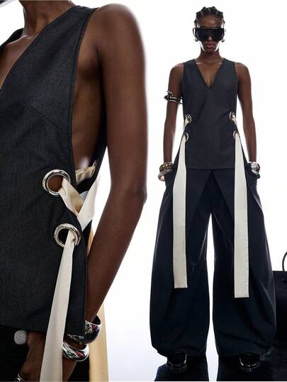 LYSMO 女士夏季时尚金属扣交叉绑带无袖薄款西装外套