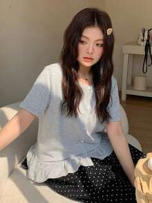 Dazy Plus Solid Color Patchwork Frill Trim Casual Fitted Long Sleeve T-Shirt, Spring & Autumn Summer - Light Grey - View 4