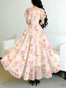 Modelyn 水母、贝壳、鸡蛋花、珊瑚印花女士长裙，时尚方领荷叶袖设计，收腰长款度假风连衣裙，海洋生物图案浅粉色雪纺连衣裙，适合夏季度假和日常穿着 - 彩色 - 查看 2