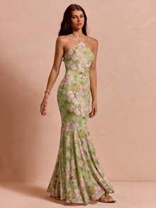 Enchnt Women's Summer Elegant Green Floral Print Chiffon Open Shoulder Halter Long Dress,Vintage Prom Dress,Wedding Guest,Luxury Evening Party Dress - Green - View 6