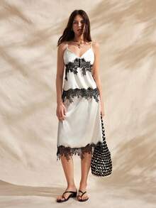 Easelle Vintage Bohemian Spaghetti Strap V-Neck Lace Patchwork Low Waist Skirt Set For Women Woman Dress Ladies Dresses - Multicolor - View 3