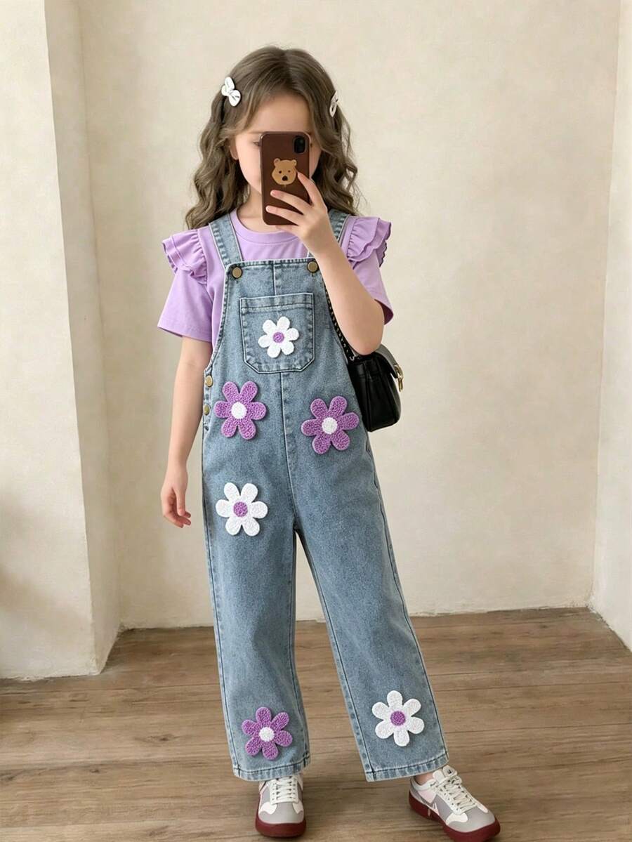 Elladie kids 新款4-7岁女童春夏圆领短袖T恤和牛仔背带裤套装，刺绣贴片设计，适合休闲、度假、上学、户外活动 - 彩色 - 查看 1