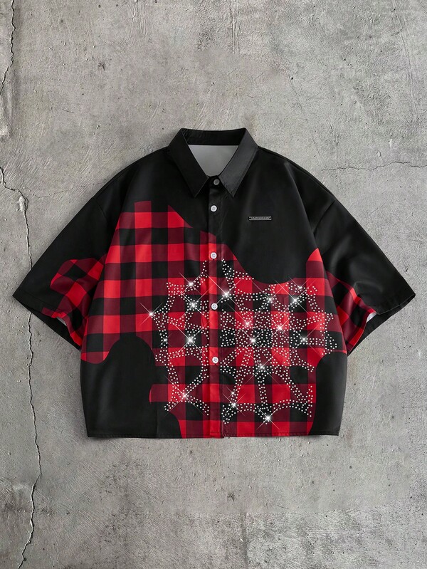 AXEPEAK Men's Summer Casual Plaid Patchwork Spider Web Rhinestone Embellished Shirt