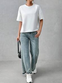 SHEIN Essnce Bộ 2 áo thun nữ tối giản, cơ bản, 95% cotton, tay ngắn trước, lưng dài, kiểu dáng thanh lịch, phù hợp cho các buổi đi chơi, phối đồ, du lịch, nghỉ mát. - Nhiều màu - Xem 7