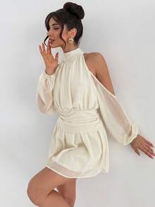 Firerie Women's Chiffon Elegant Off-Shoulder Lantern Sleeve Solid Color Dress, Romantic Ruffle Hem, Suitable For Spring/Summer, Elegant, Commute, Date, Music Festival, Wedding Season, Graduation, Prom - Apricot - View 10