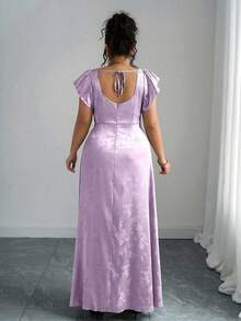 Elenzga Đầm dài tay bồng cổ vuông xẻ tà dành cho nữ cỡ lớn, chất liệu vải jacquard bóng màu xanh lá cây, đa năng cho đi làm, mặc hàng ngày, dự tiệc cưới, dạ hội, lễ tốt nghiệp, mua sắm, chụp ảnh, thoải mái và thời trang. - Màu tím - Xem 2